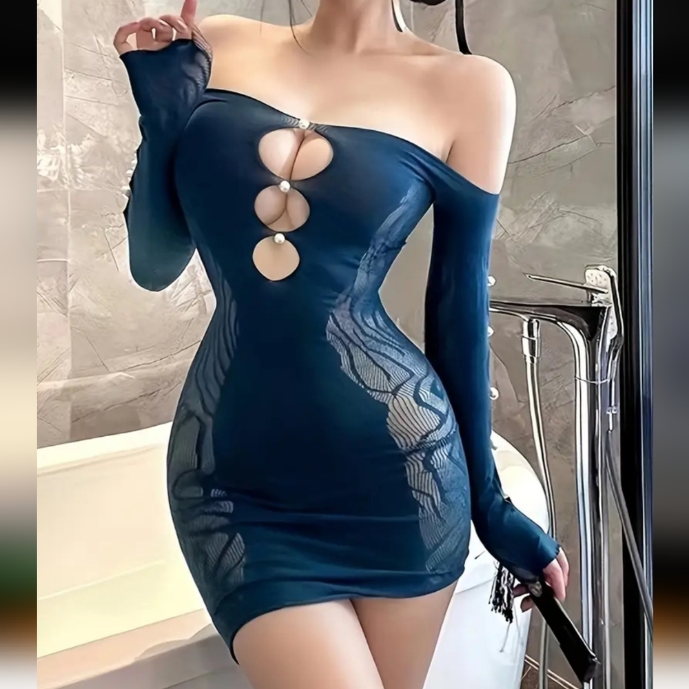 Off-Shoulder Blue Cutout Bodystocking Mini Dress With Lace & Pearl Details (OS)